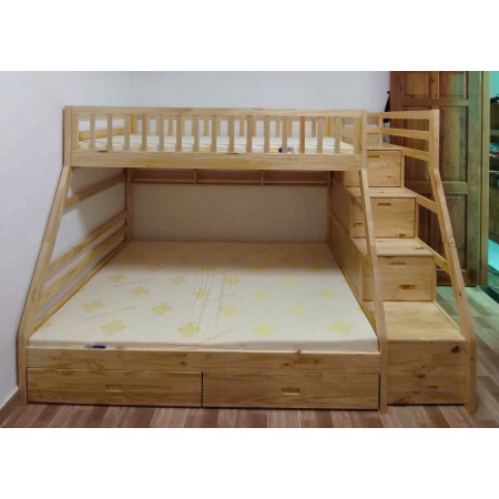 EU192 - Natural : Giường 2 Tầng, 2 Hộc Kéo + Cầu Thang Đảo Chiều, Giá Sách - Trên 1m / Dưới 1m4